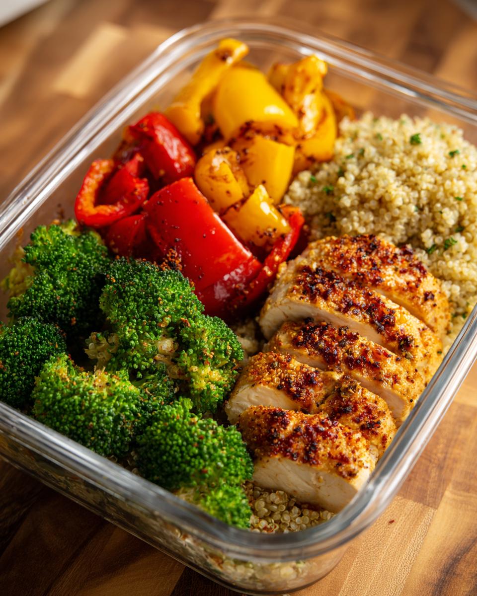 A glass container filled with a healthy meal prep: sliced chicken breast, quinoa, broccoli, and bell peppers.