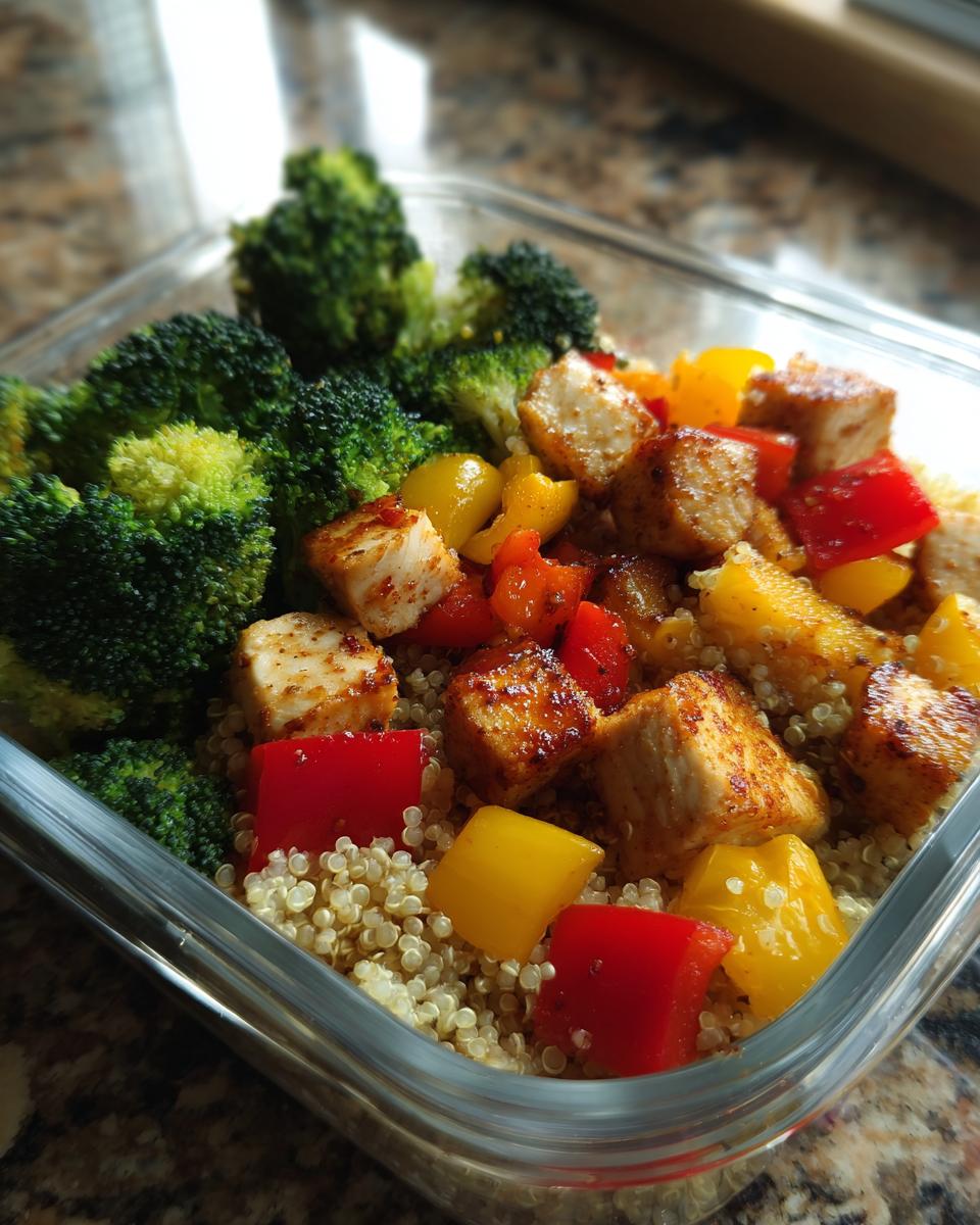 A clear glass container filled with quinoa, topped with seasoned chicken pieces, colorful bell peppers, and steamed broccoli for easy healthy meal prep.