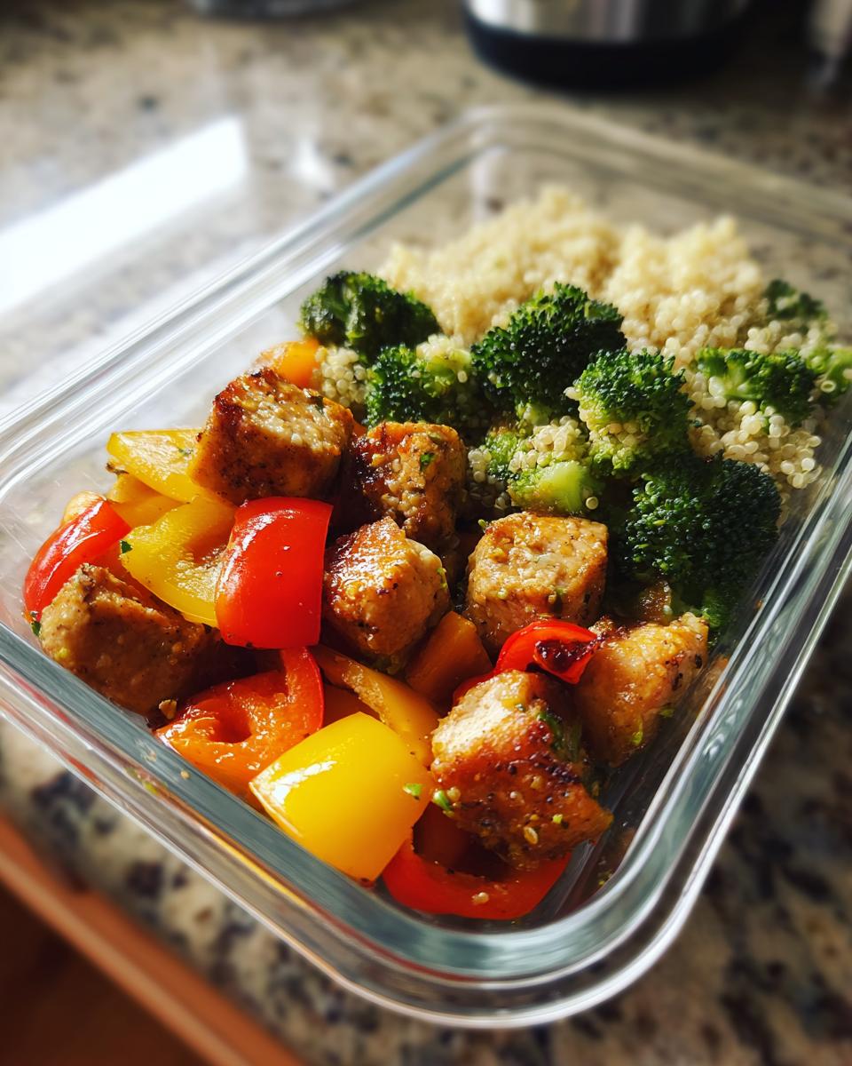 Close-up of a glass meal prep container filled with quinoa, broccoli, bell peppers, and seasoned tofu cubes for an easy healthy meal prep.