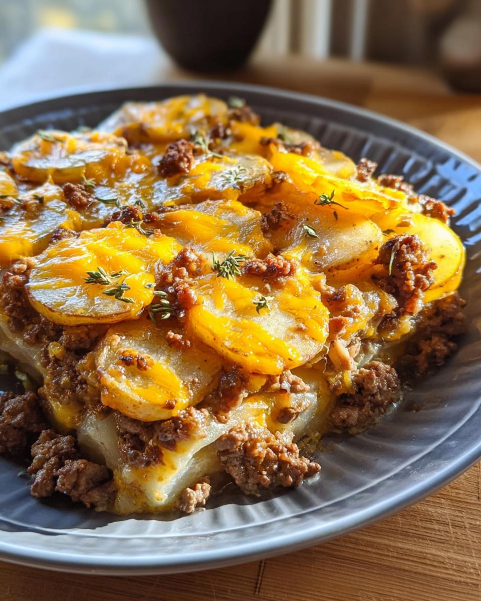 Close-up of a slice of Easy Hobo Casserole with ground beef, potatoes, and melted cheese.