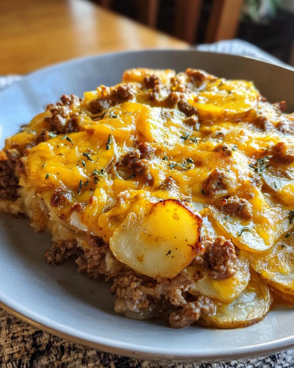A slice of Easy Hobo Casserole featuring layers of ground beef, sliced potatoes, and melted cheddar cheese.