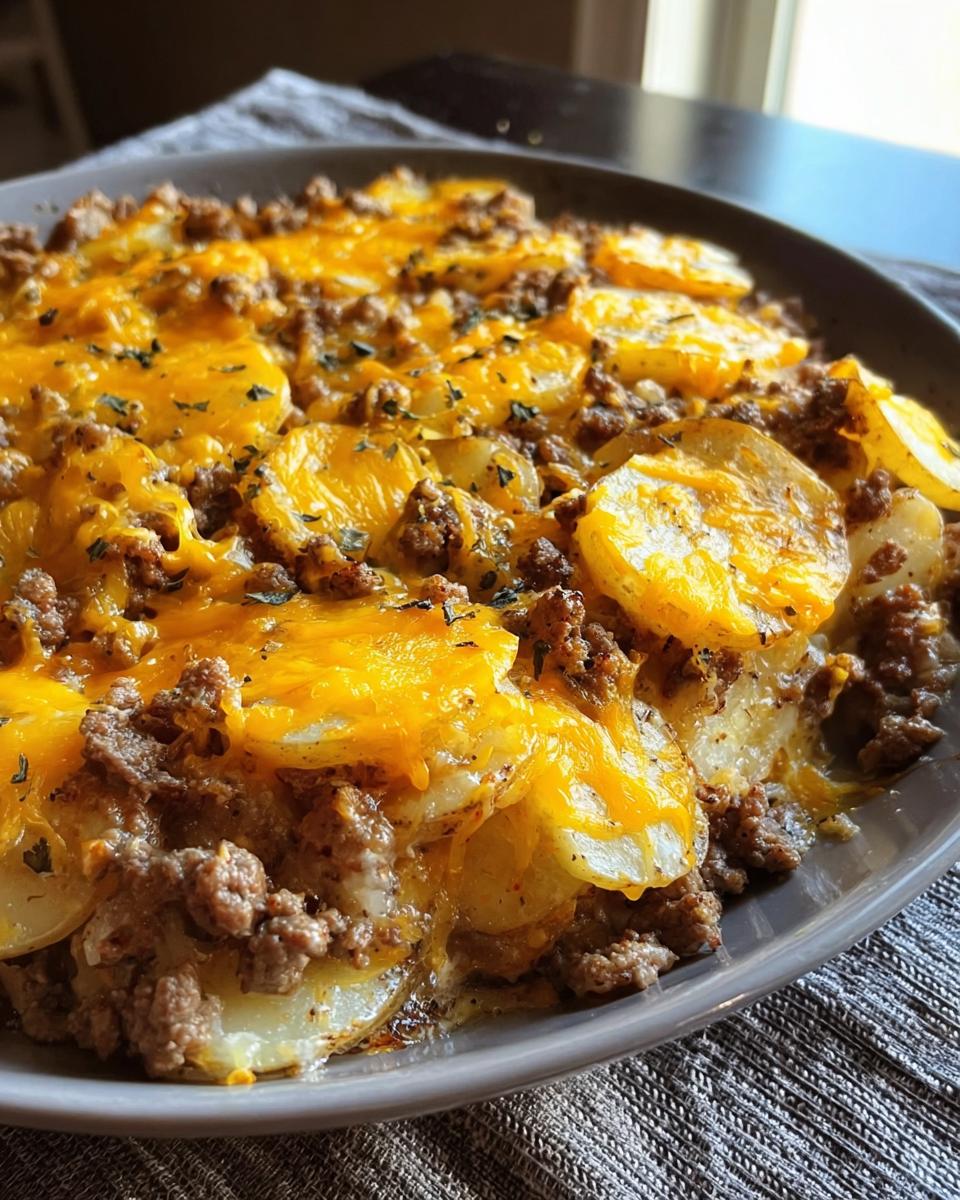 Close-up of a hearty Easy Hobo Casserole with layers of ground beef, sliced potatoes, and melted cheddar cheese.