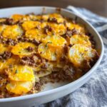 Close-up of an Easy Hobo Casserole with layers of sliced potatoes, seasoned ground beef, and melted cheddar cheese.
