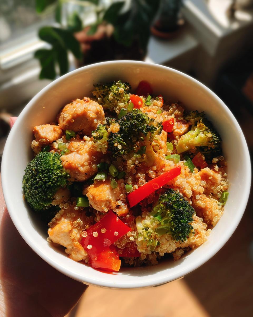 A close-up of a white bowl filled with chicken, quinoa, broccoli, and red bell peppers, perfect for easy meal prep recipes.