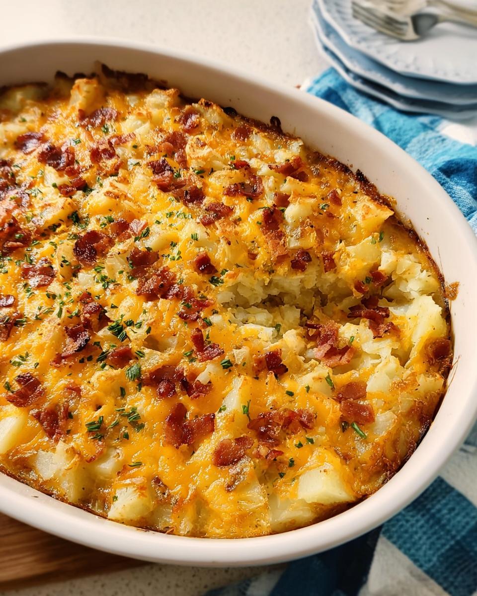 A close-up of a baked casserole dish filled with Easy Mississippi Mud Potatoes, topped with melted cheddar cheese and crispy bacon bits.