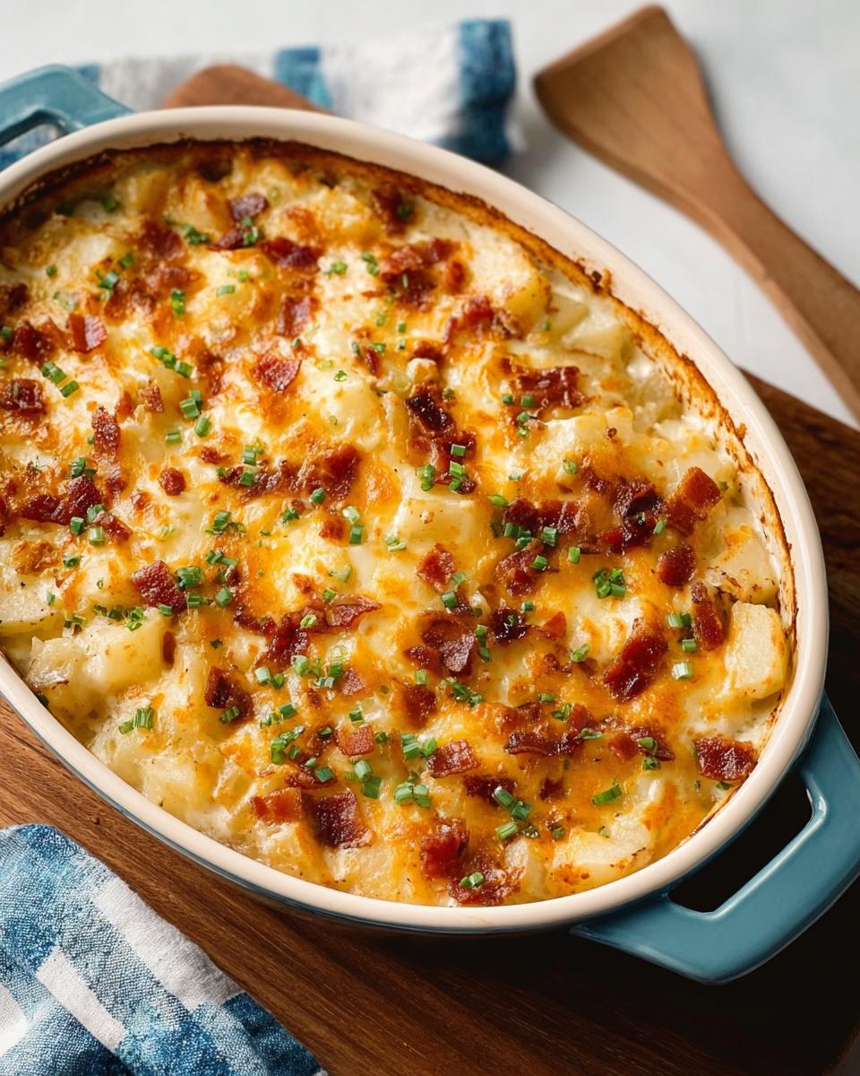 A close-up of a bubbling casserole dish filled with Easy Mississippi Mud Potatoes, topped with melted cheese, crispy bacon, and chives.