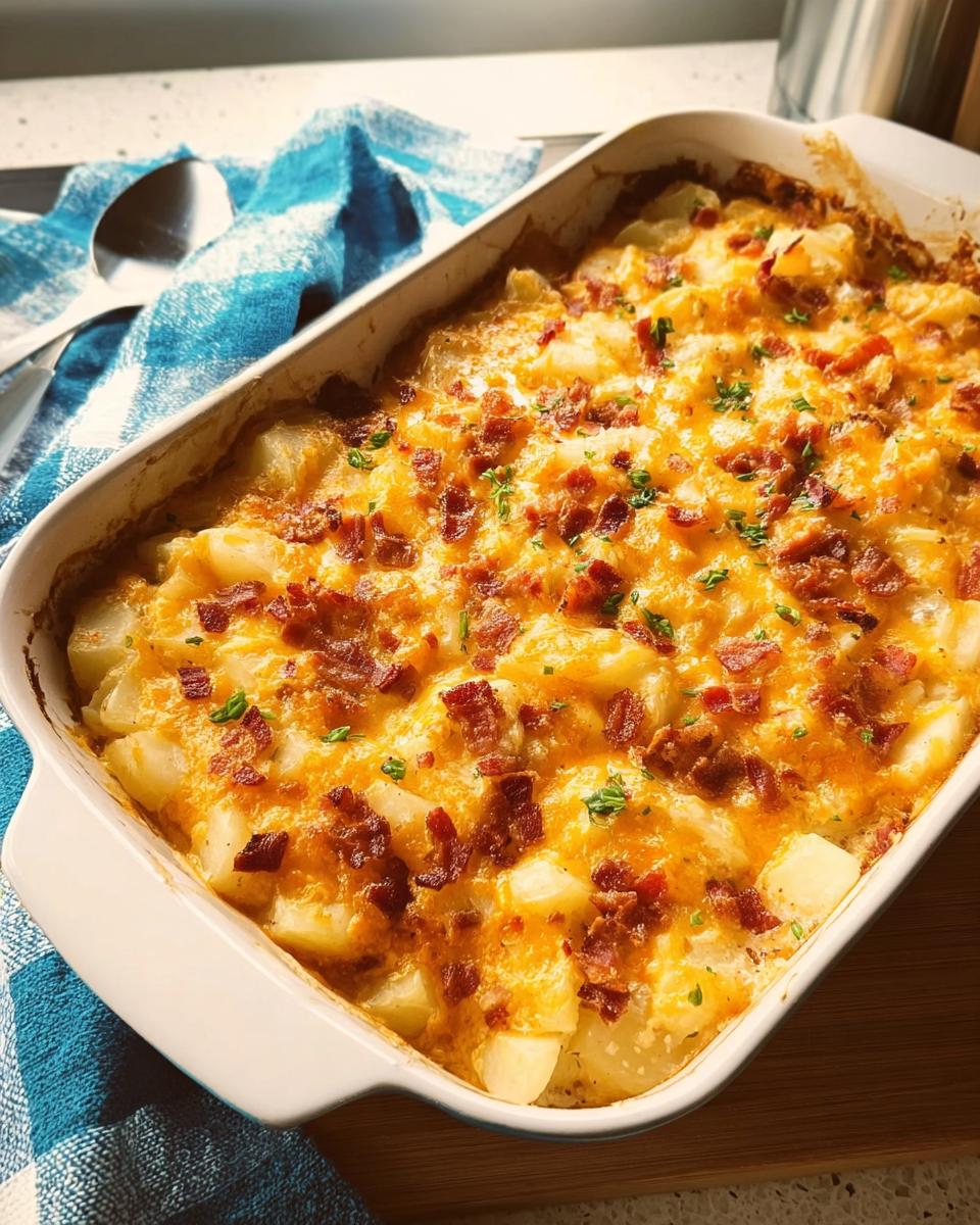 A close-up of a baked casserole dish filled with Easy Mississippi Mud Potatoes, topped with melted cheese and crumbled bacon.
