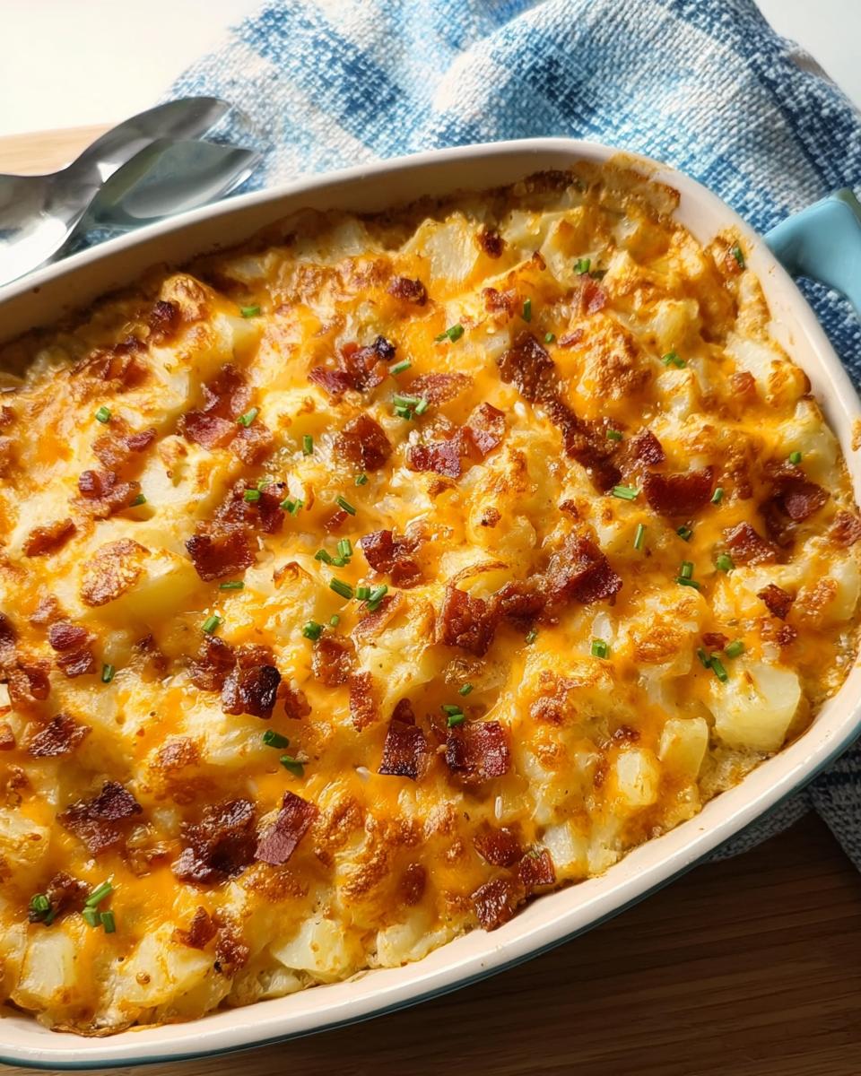 A close-up of a casserole dish filled with Easy Mississippi Mud Potatoes, topped with melted cheddar cheese and crispy bacon bits.