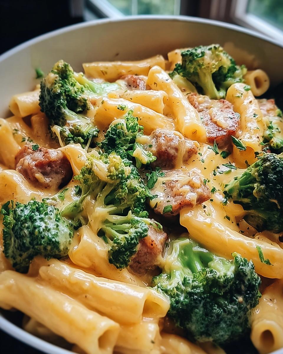A close-up of a bowl of pasta with sausage and broccoli in a creamy cheese sauce, a perfect easy dinner.