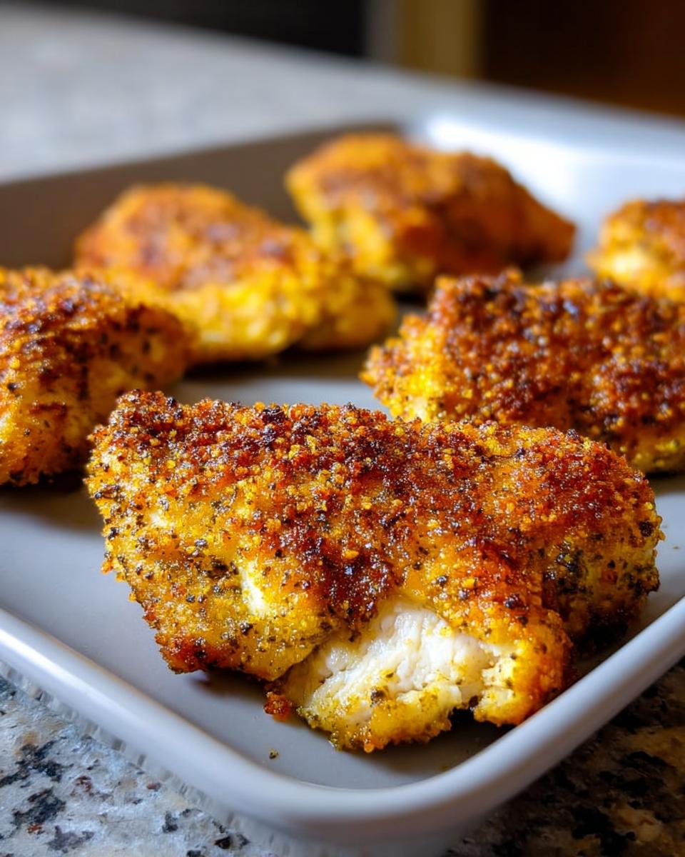 Close-up of extra crispy chicken thighs in the oven, coated in seasoned breadcrumbs and perfectly golden brown.