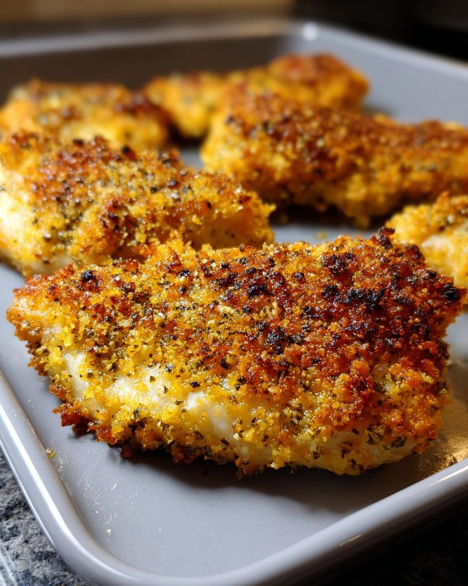 Close-up of extra crispy chicken thighs in the oven, coated in breadcrumbs and spices.