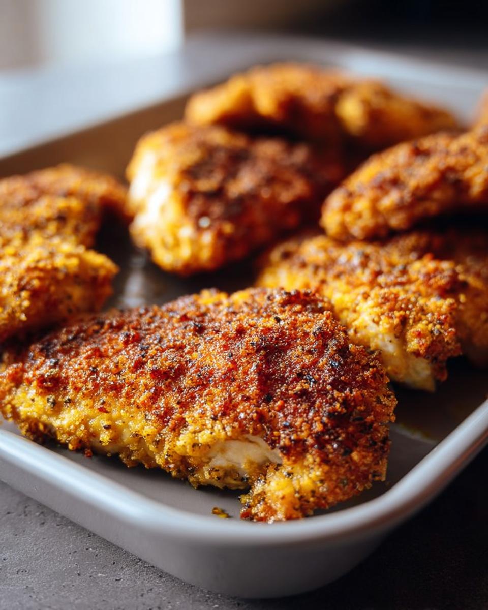 Close-up of extra crispy chicken thighs in the oven, coated in breadcrumbs and spices.
