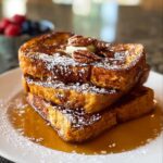 A stack of golden brown Fall Pumpkin French Toast, dusted with powdered sugar and topped with butter and pecans, drizzled with syrup.