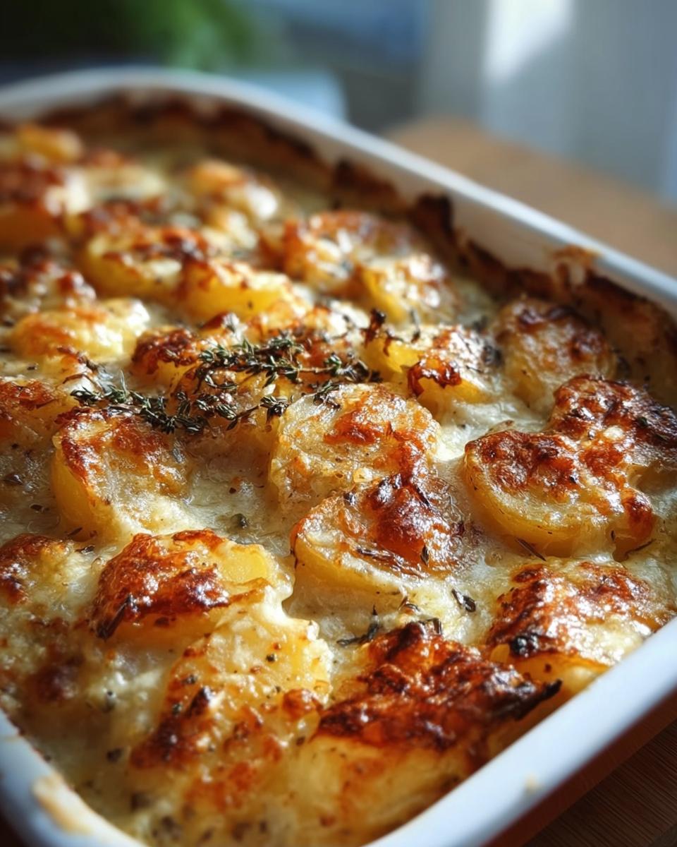 Close-up of a golden brown French Onion Potato Bake, with thinly sliced potatoes baked in creamy sauce and topped with herbs.