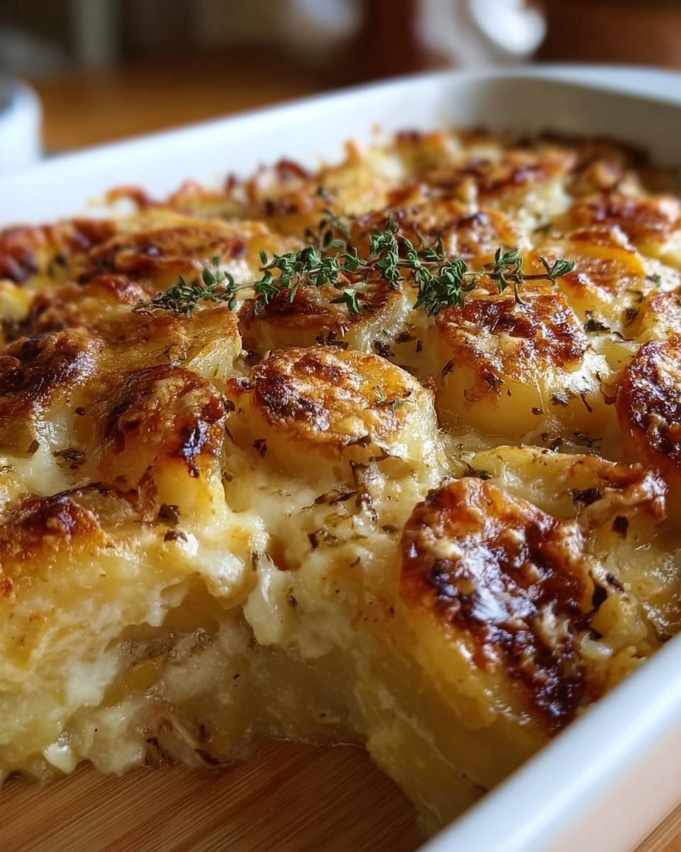 Close-up of a golden brown French Onion Potato Bake, with layers of thinly sliced potatoes and melted cheese, garnished with fresh thyme.
