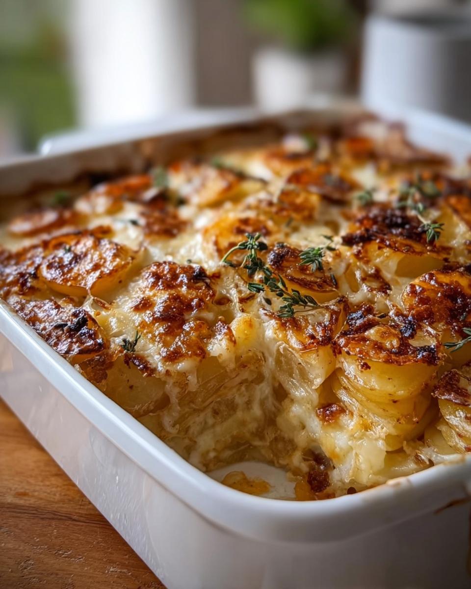 Close-up of a golden brown French Onion Potato Bake in a white dish, topped with herbs.