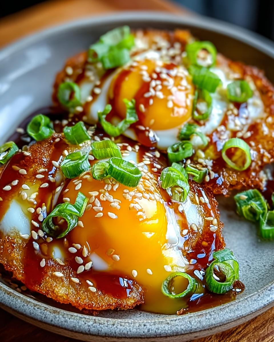 Two perfectly fried eggs drizzled with a sweet glaze, topped with sesame seeds and chopped green onions.