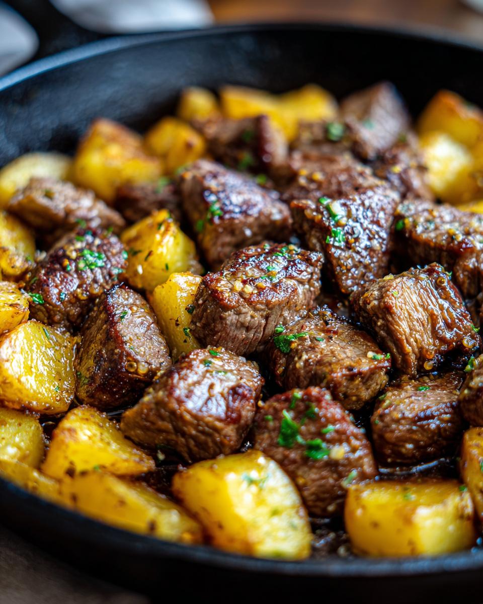 Close-up of Irresistible Garlic Butter Steak Bites & Potatoes in a cast iron skillet, glistening with sauce and herbs.