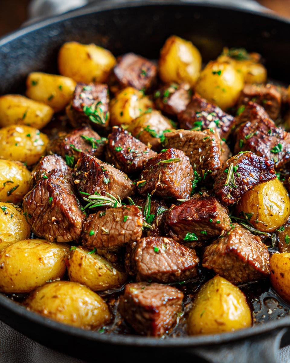 Close-up of Irresistible Garlic Butter Steak Bites & Potatoes in a cast-iron skillet, garnished with herbs.