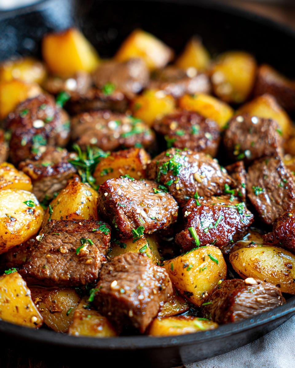 Close-up of Irresistible Garlic Butter Steak Bites & Potatoes in a cast iron skillet, garnished with parsley.