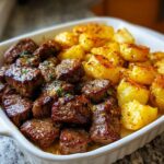 Close-up of Irresistible Garlic Butter Steak Bites and golden roasted potatoes in a white baking dish.