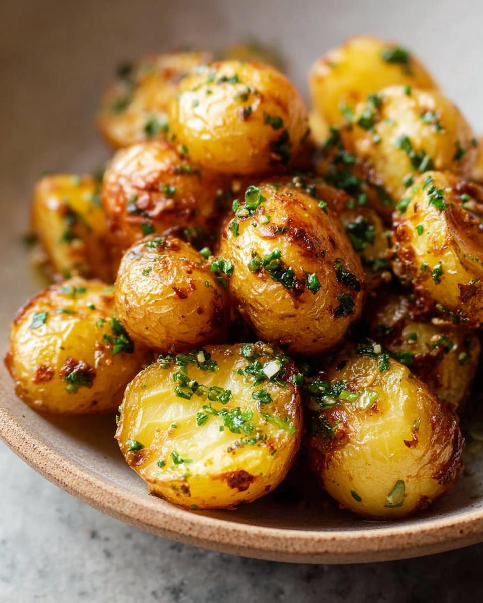 Close-up of golden brown garlic herb roasted baby potatoes, sprinkled with fresh chives.