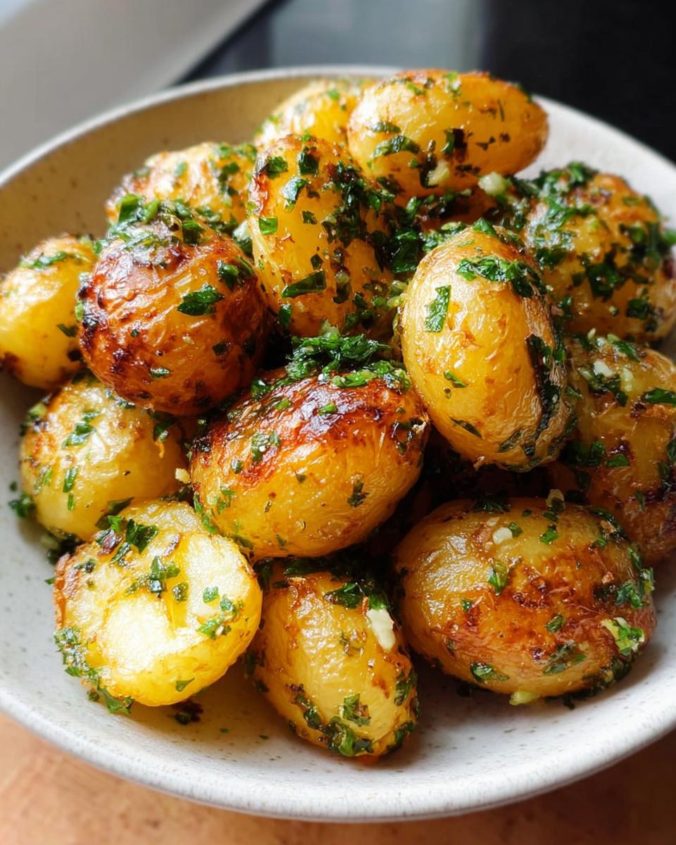 Close-up of a bowl filled with crispy Garlic Herb Roasted Baby Potatoes, glistening with herbs and garlic.