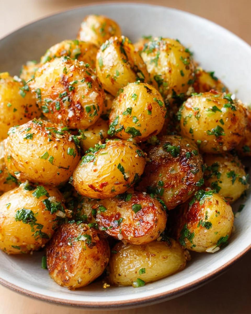 A bowl of golden-brown Garlic Herb Roasted Baby Potatoes, sprinkled with fresh parsley and chives.