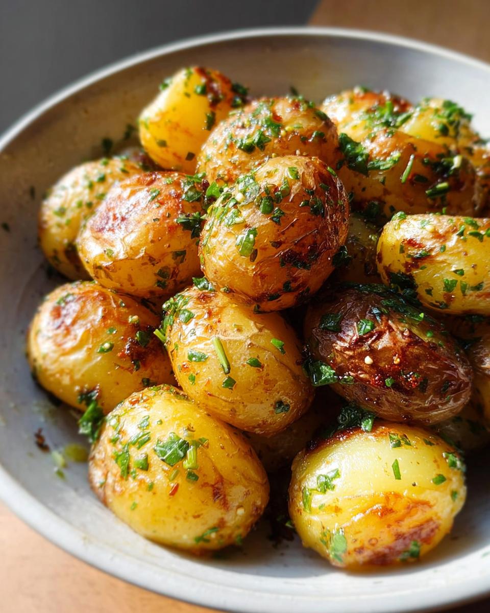 Close-up of a bowl filled with golden brown Garlic Herb Roasted Baby Potatoes, sprinkled with fresh parsley.