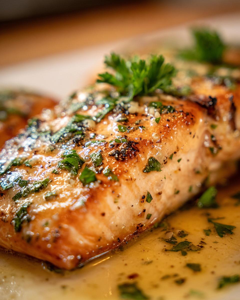 Close-up of a perfectly cooked salmon fillet with garlic lemon butter sauce and fresh parsley.