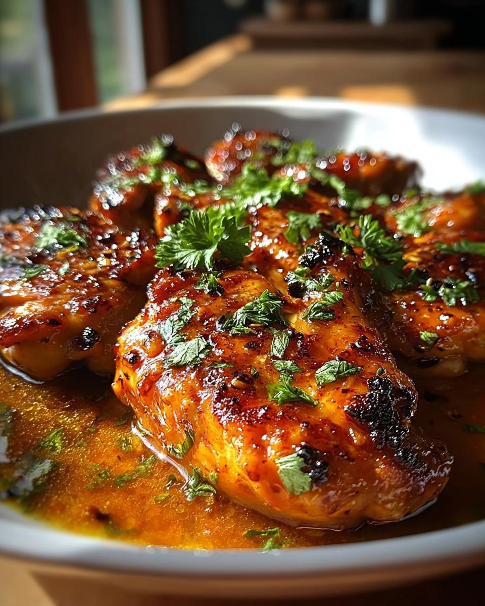 Close-up of glazed chicken thighs, seasoned and garnished with fresh parsley, in a savory sauce.