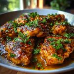 Close-up of glazed chicken thighs, garnished with fresh parsley, perfect for weeknight dinners.