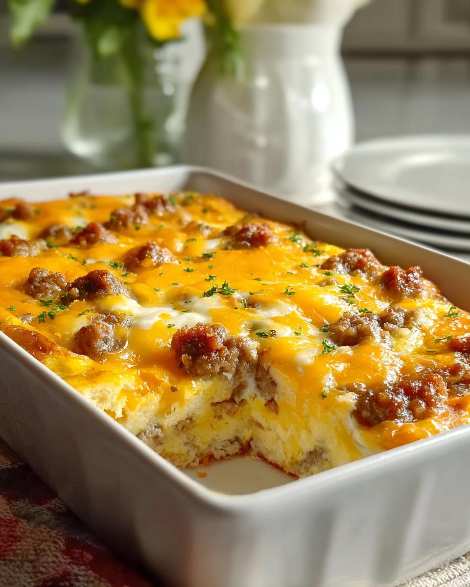A close-up of a hearty breakfast casserole with sausage, melted cheese, and parsley, perfect for grab-and-go mornings.