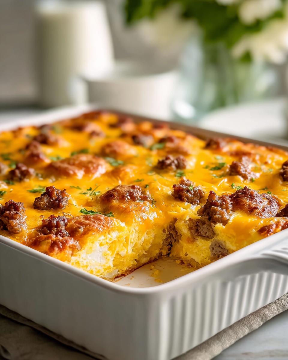 A close-up of a hearty breakfast casserole with sausage and melted cheese, perfect for grab-and-go mornings.
