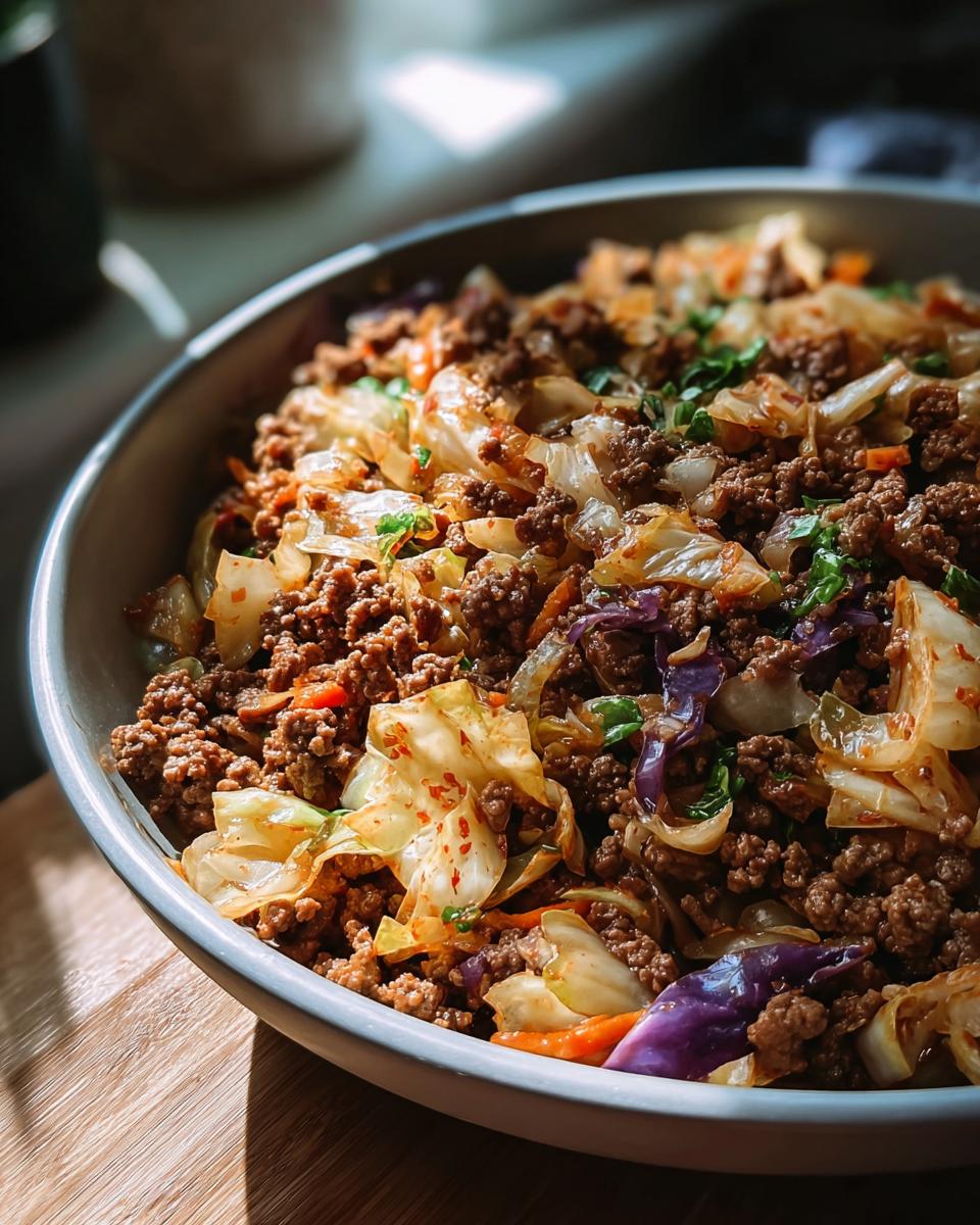 A close-up of a bowl filled with a hearty ground beef and cabbage skillet dinner, featuring tender cabbage, seasoned ground beef, and hints of red cabbage and carrots.