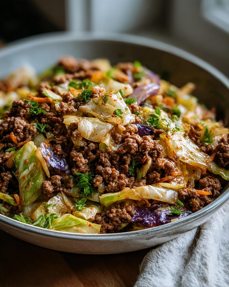 A close-up of a bowl filled with a savory ground beef and cabbage skillet dinner, garnished with fresh parsley.