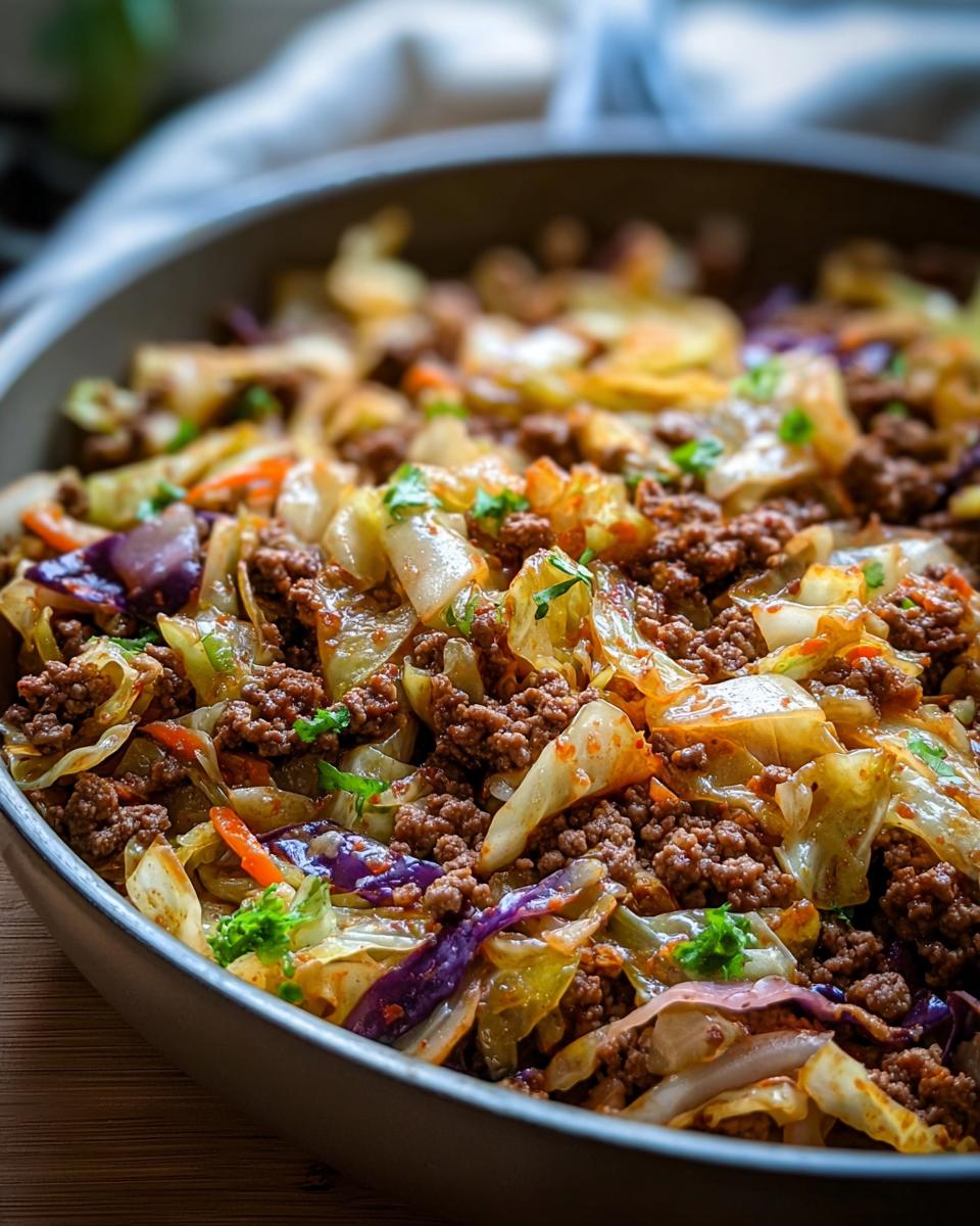 Close-up of a hearty ground beef and cabbage skillet dinner, garnished with fresh parsley.