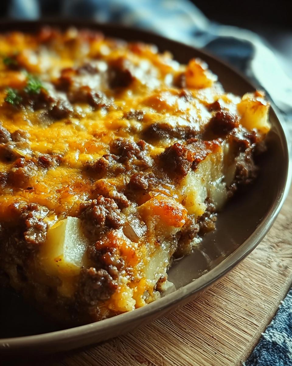 A slice of a cheesy ground beef and potato casserole, a delicious ground beef recipe.