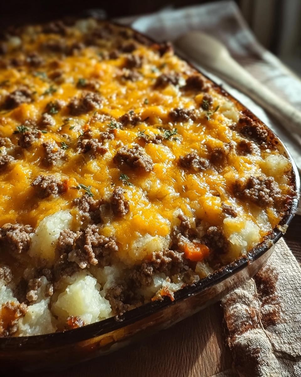 A close-up of a cheesy ground beef and potato casserole in a glass baking dish, topped with melted cheddar cheese and herbs.