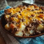 A close-up of a hearty ground beef and potato casserole topped with melted cheddar cheese and herbs.