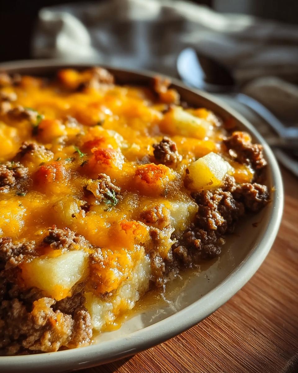 Close-up of a cheesy ground beef and potato casserole, a hearty dish from our ground beef recipes.