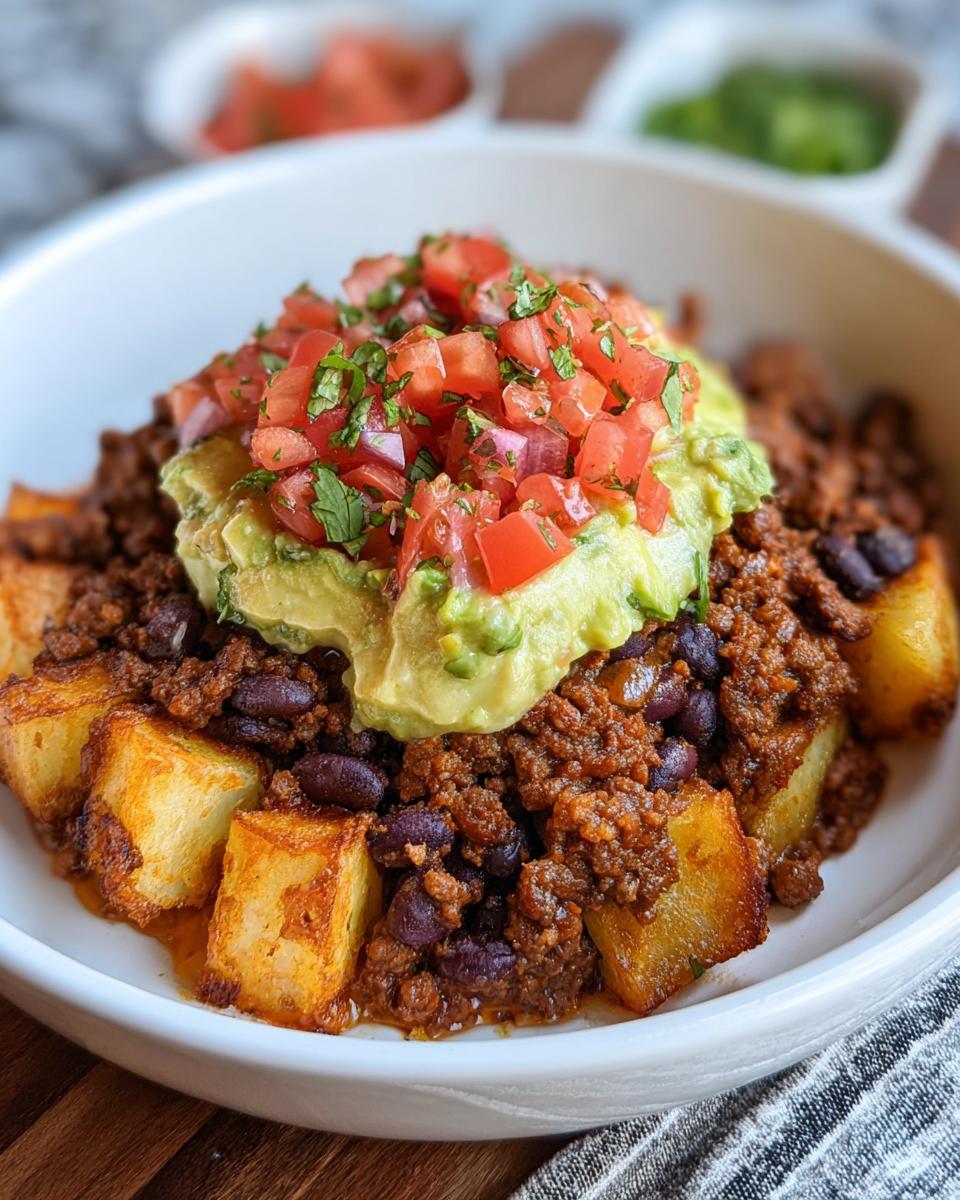 A bowl of crave-worthy ground beef recipe featuring seasoned ground beef, kidney beans, crispy potatoes, and fresh guacamole topped with pico de gallo.