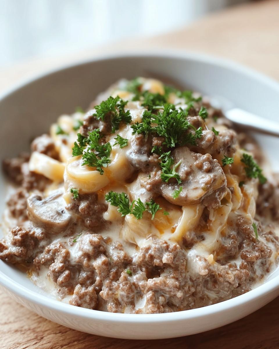 A close-up of a bowl of Ground Beef Stroganoff, featuring pasta, creamy sauce, ground beef, mushrooms, and fresh parsley.