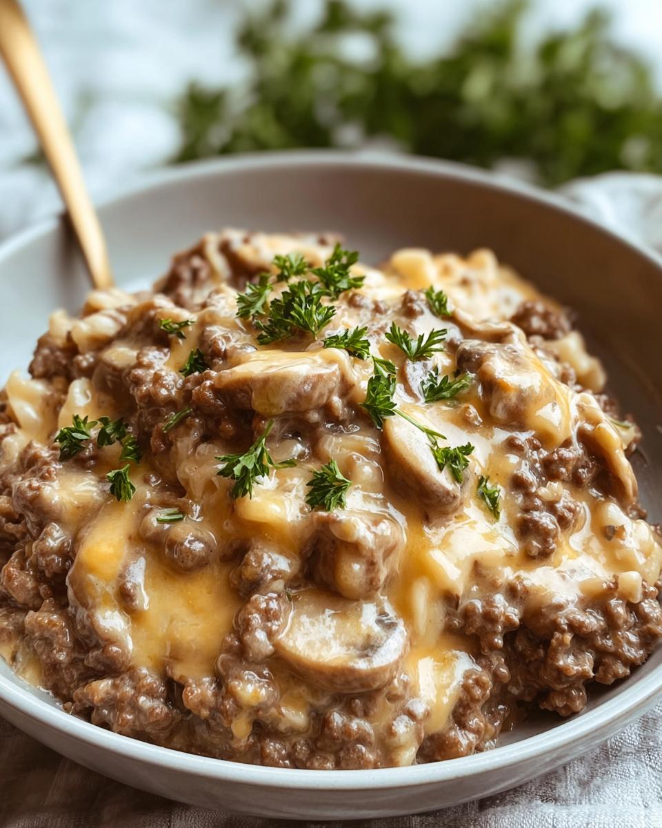 A close-up of a bowl of Ground Beef Stroganoff, featuring ground beef, mushrooms, and melted cheese, garnished with fresh parsley.