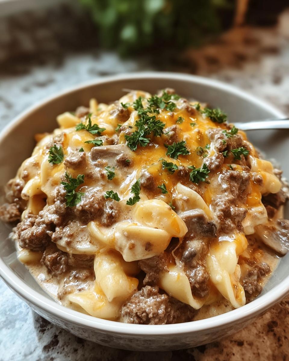 A bowl of Ground Beef Stroganoff with pasta, creamy sauce, melted cheese, and fresh parsley.