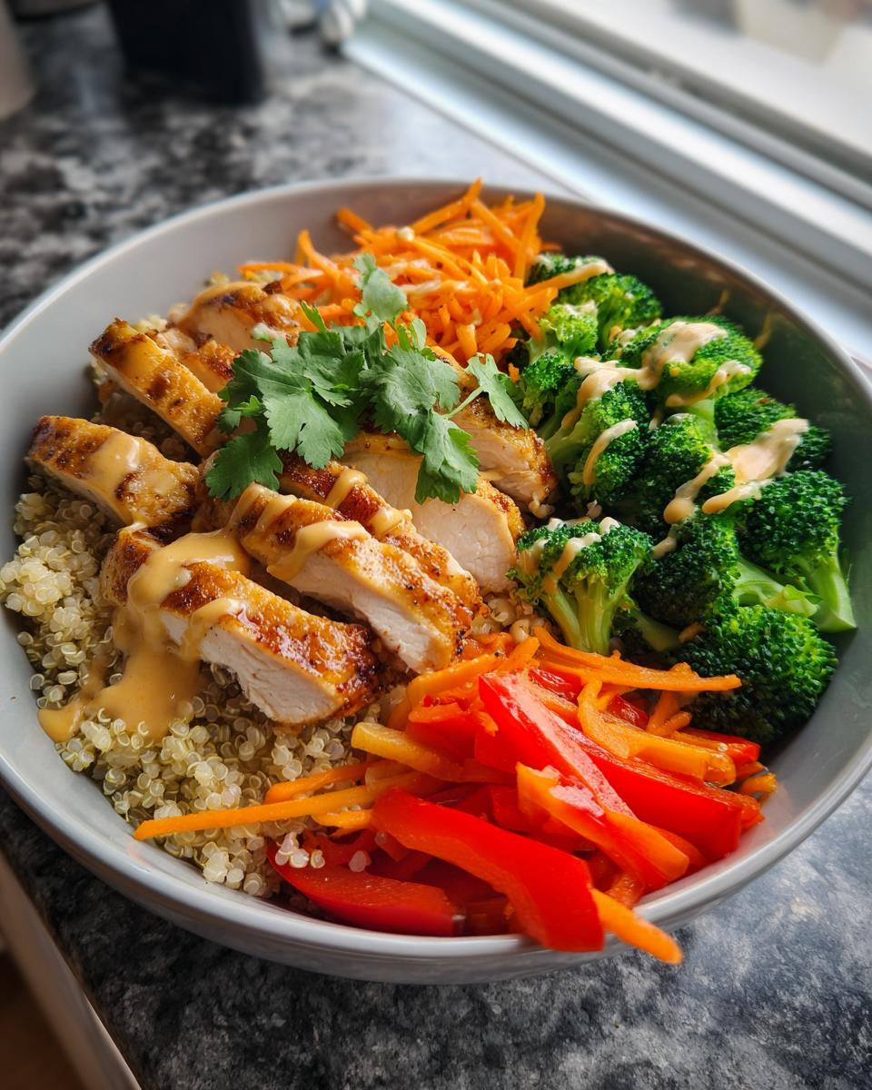 A healthy bowl filled with quinoa, grilled chicken, broccoli, shredded carrots, and sliced bell peppers, drizzled with sauce.