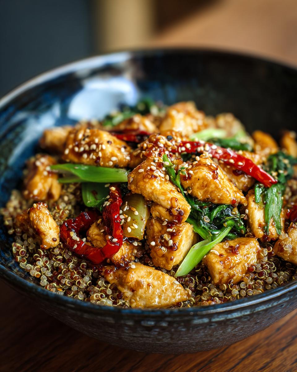A vibrant bowl of healthy chicken and quinoa, topped with sesame seeds and chili peppers, perfect for healthy meals.