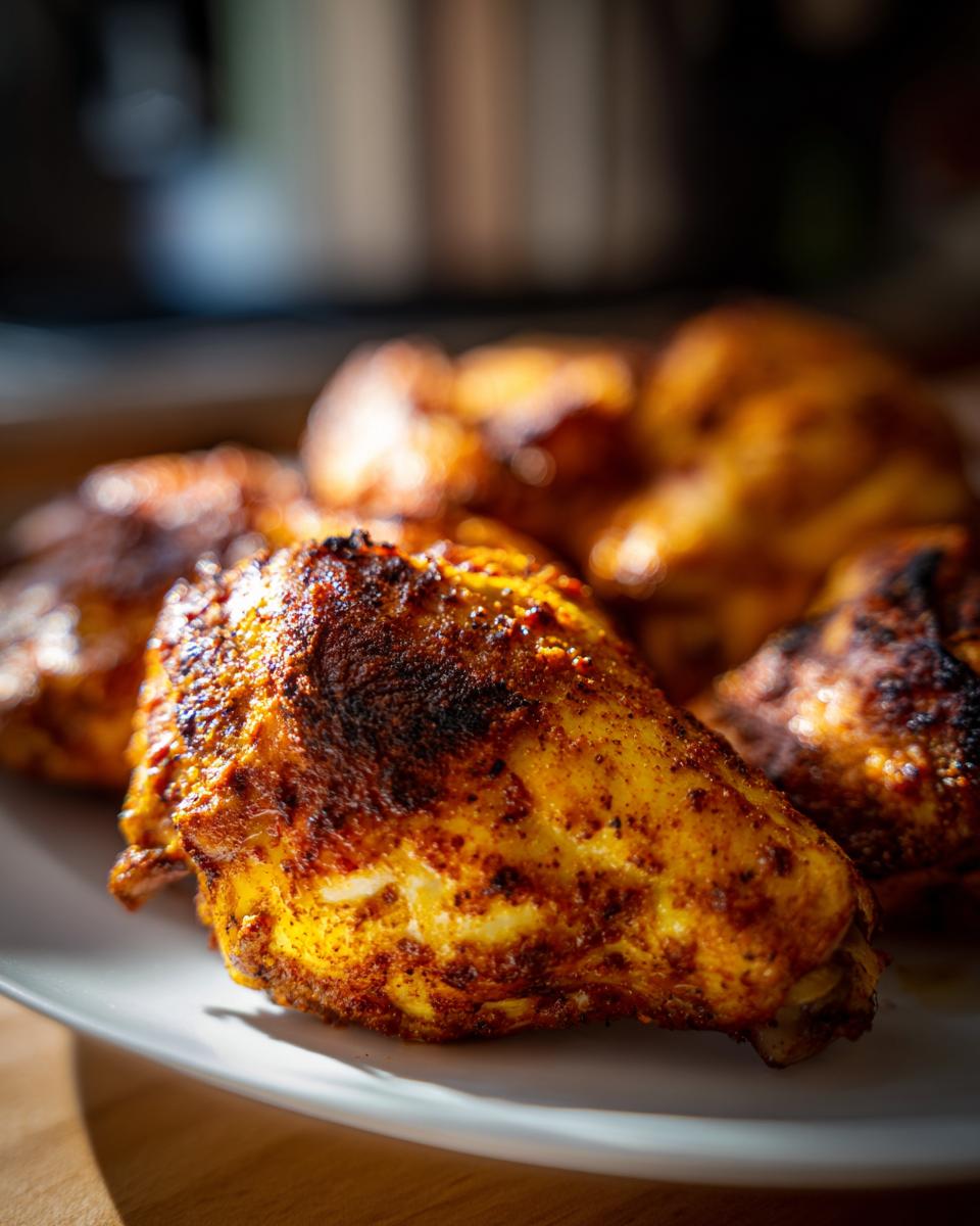 Close-up of perfectly roasted chicken pieces, seasoned and browned, part of healthy chicken recipes.