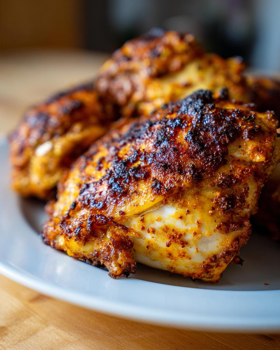 Close-up of perfectly baked chicken thighs seasoned with spices, part of healthy chicken recipes.