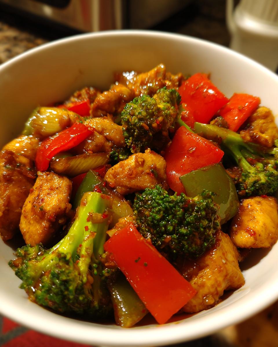 Close-up of a bowl filled with healthy chicken stir-fry, featuring broccoli, red bell peppers, and chicken pieces in a savory sauce.